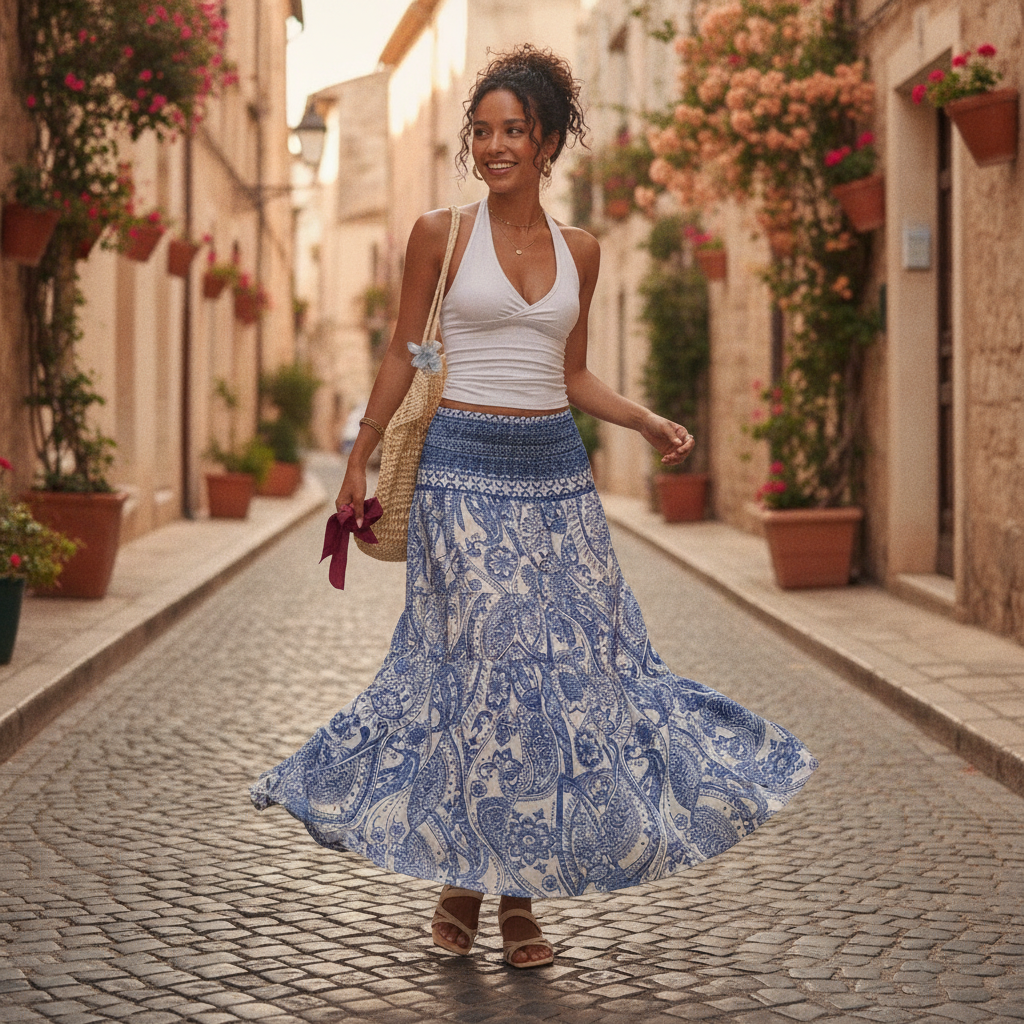 A woman in a flowing maxi skirt smiles and twirls in a sunlit park, showcasing the skirt's movement and elegant silhouette.