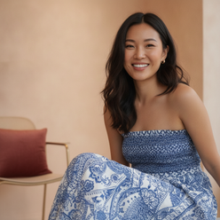 Portrait of Noelle Zhang, an Asian woman, smiling and wearing a flowing maxi skirt against a soft peach background.