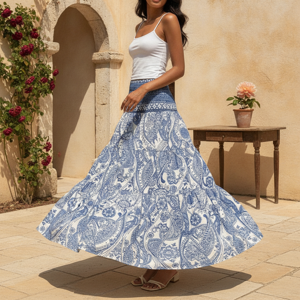 A woman in a flowing maxi skirt walks through a sun-drenched outdoor setting, captured in a candid, editorial style.
