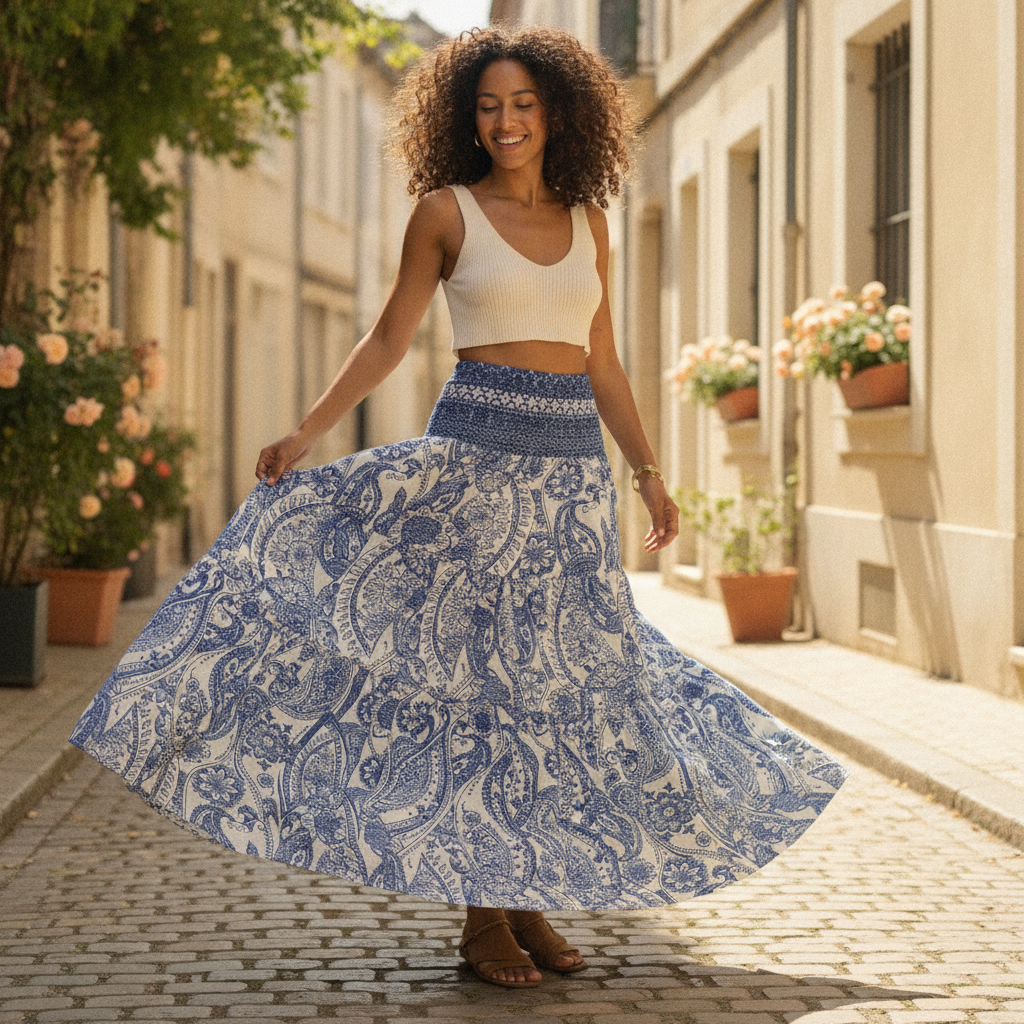 Woman in a flowing maxi skirt twirling on a sun-dappled path, looking joyful and carefree.