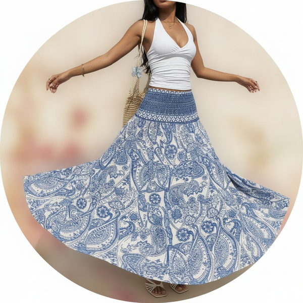 Woman twirling in a flowing BOHELIA maxi skirt, showcasing its refined A-line cut and elegant movement.