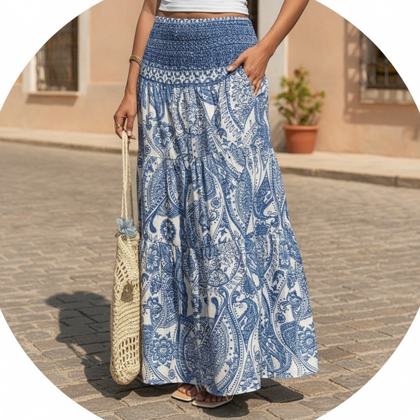 Woman's hand subtly slipping into a hidden side pocket of a flowing maxi skirt, outdoors on a cobblestone street.